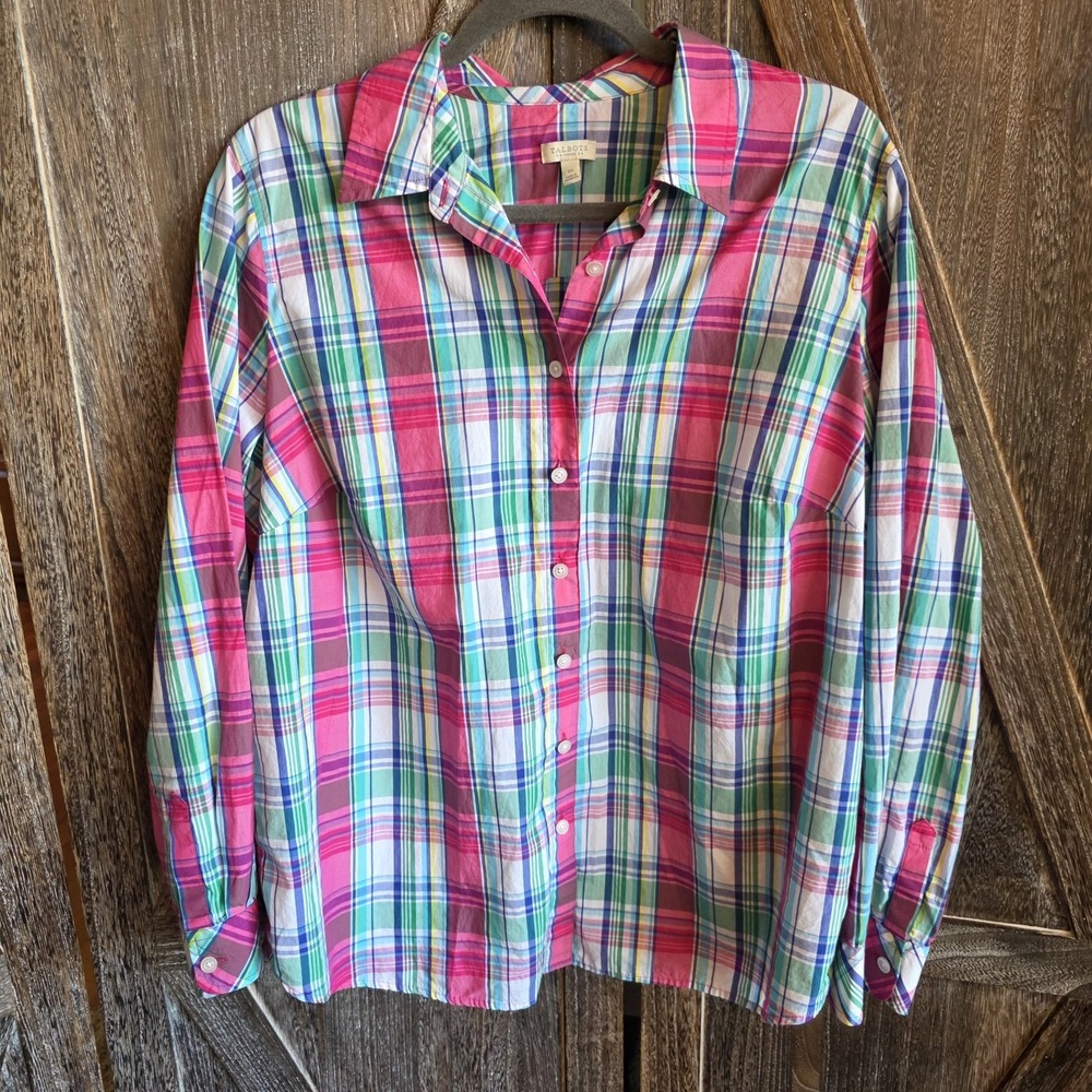 Talbots Shirt Women's Size 1X Pink Blue Plaid Button Up Long Sleeve Bright